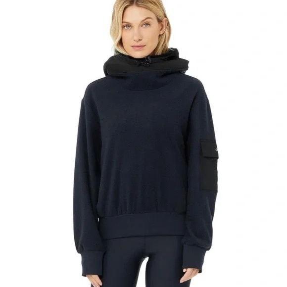 ALO Yoga Tops - Alo Yoga Chill Pullover Hooded Fleece Sweatshirt Funnel Neck Navy Blue Black XS